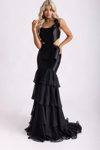 Romantic Rachel Allan Prom Dresses with Satin 3D Floral Cutout and Tiered Ruffle Skirt