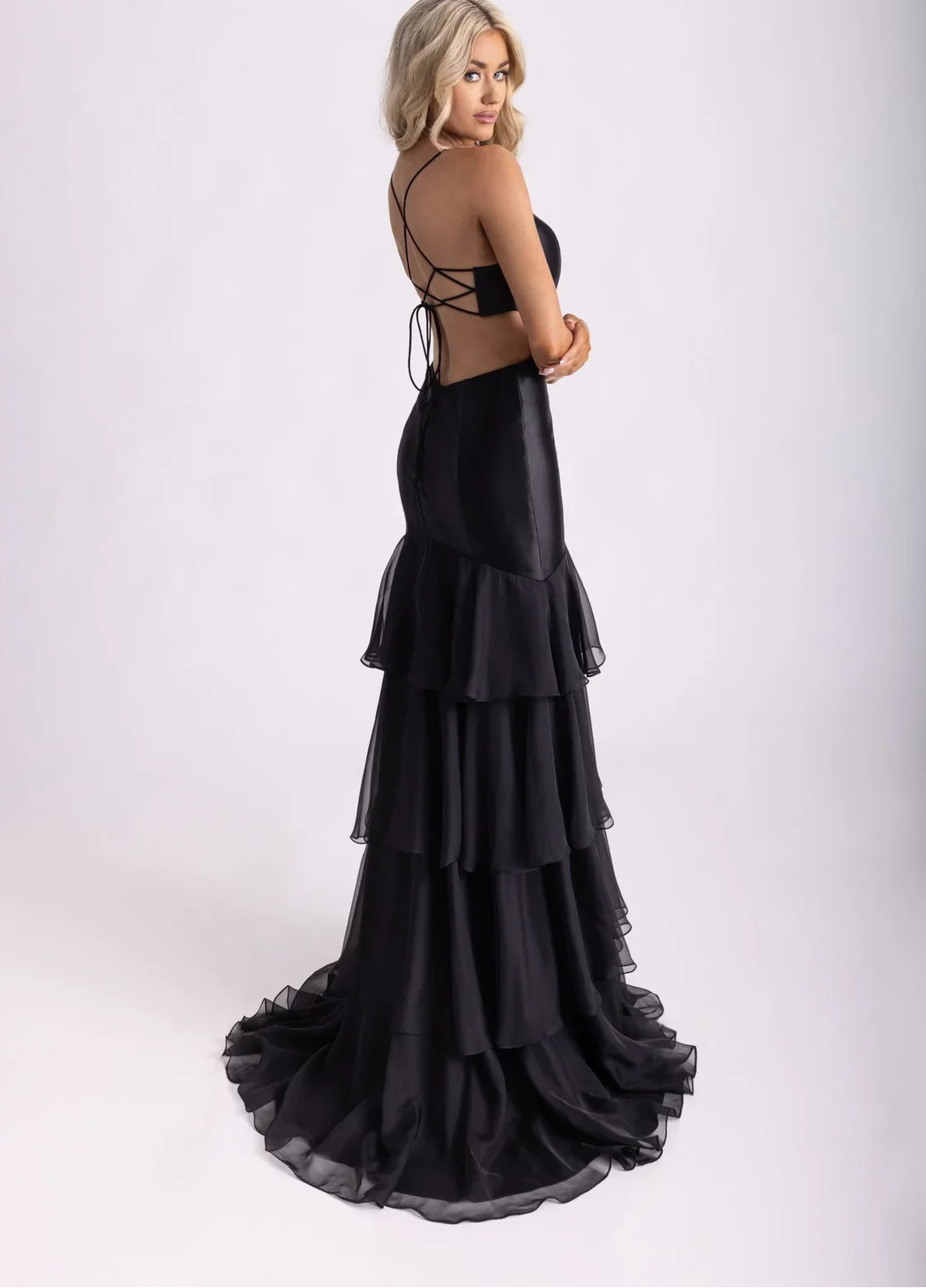 Romantic Rachel Allan Prom Dresses with Satin 3D Floral Cutout and Tiered Ruffle Skirt