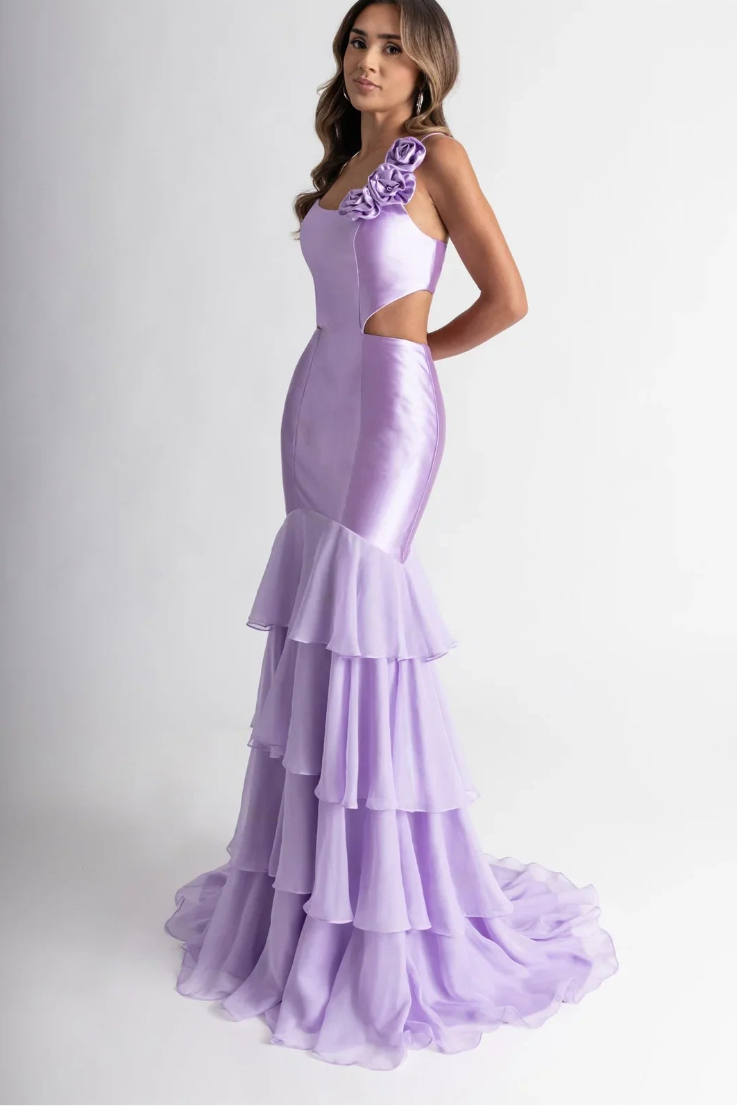 Romantic Rachel Allan Prom Dresses with Satin 3D Floral Cutout and Tiered Ruffle Skirt