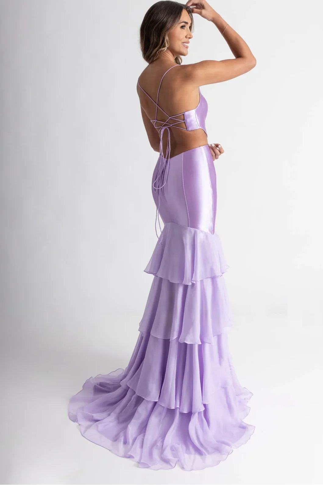 Romantic Rachel Allan Prom Dresses with Satin 3D Floral Cutout and Tiered Ruffle Skirt