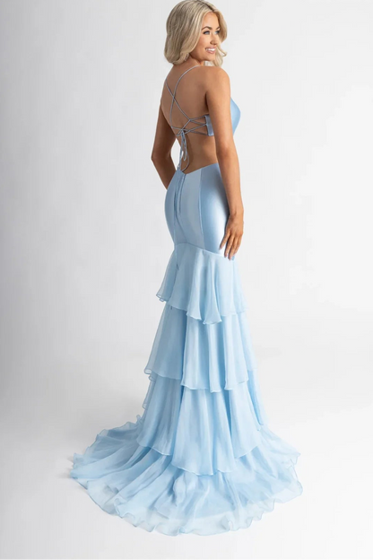 Romantic Rachel Allan Prom Dresses with Satin 3D Floral Cutout and Tiered Ruffle Skirt