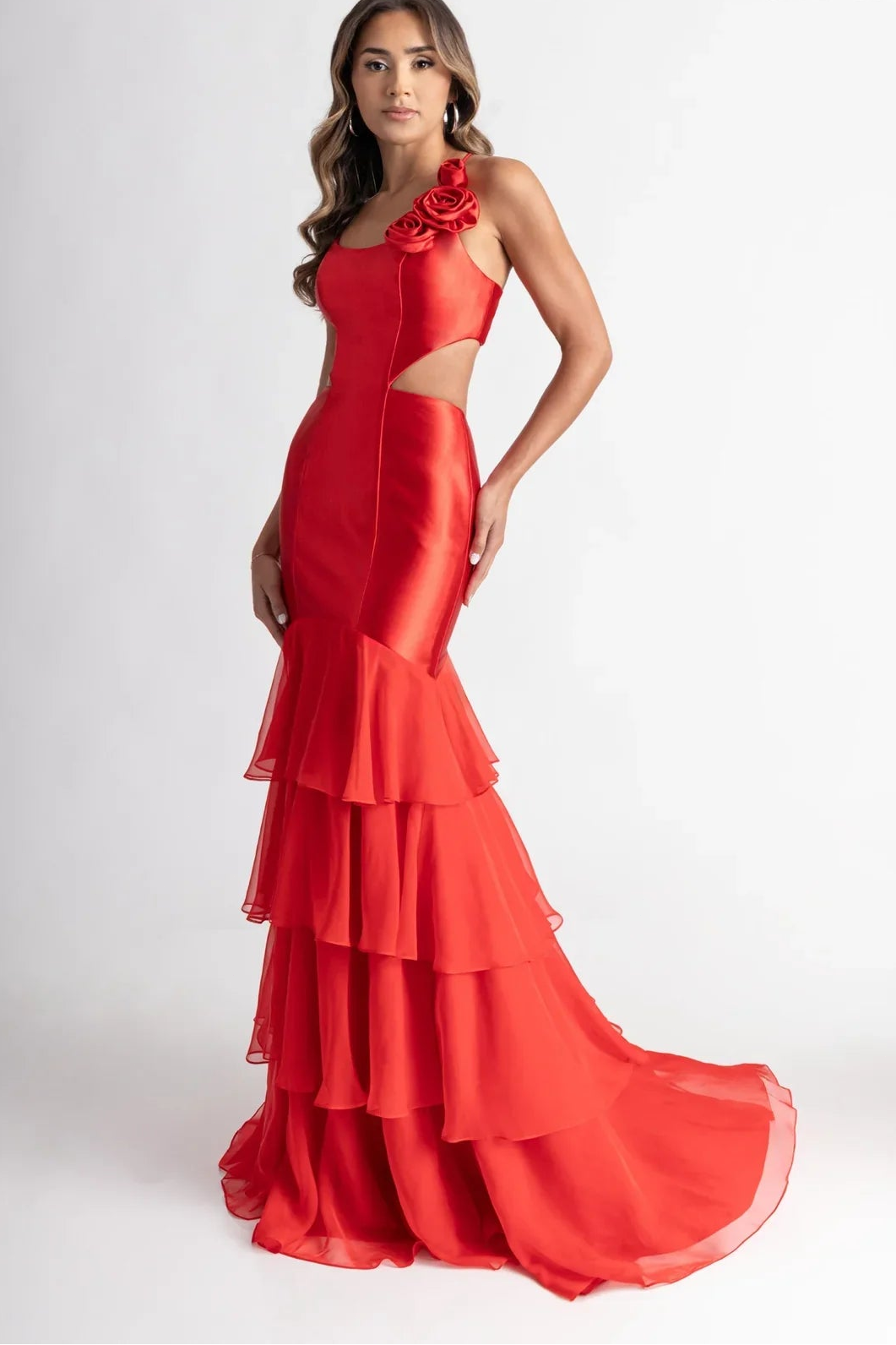 Romantic Rachel Allan Prom Dresses with Satin 3D Floral Cutout and Tiered Ruffle Skirt
