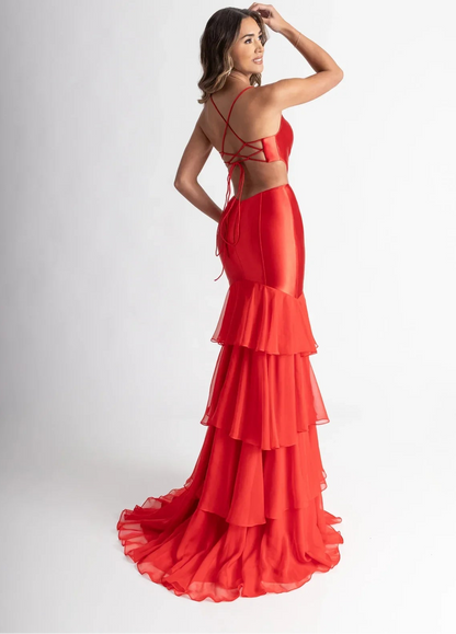 Romantic Rachel Allan Prom Dresses with Satin 3D Floral Cutout and Tiered Ruffle Skirt
