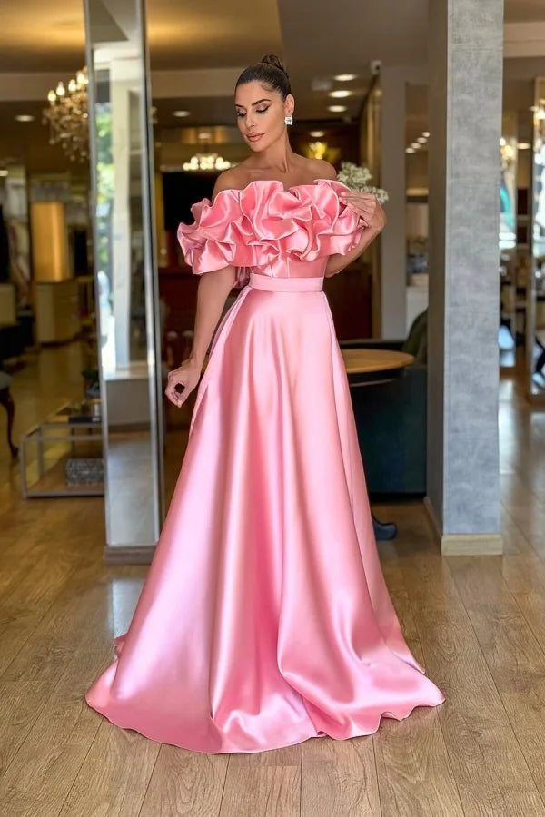 Satin Off-The-Shoulder Strapless High-Waisted Long A-Line Prom Dress With Ruffles