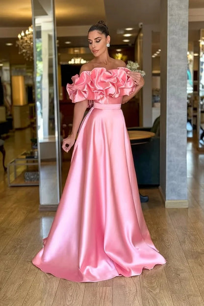 Satin Off-The-Shoulder Strapless High-Waisted Long A-Line Prom Dress With Ruffles