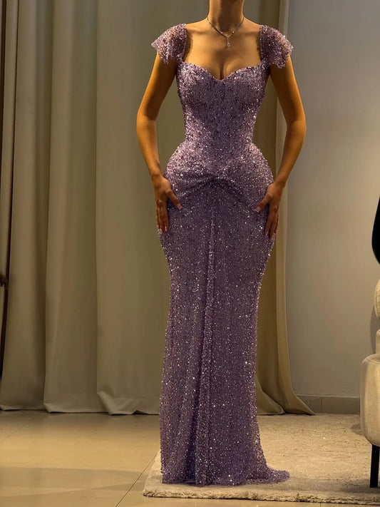 Luxurious Lilac Rhinestone Beadings Pleated Floor Length Prom Dress YK0691