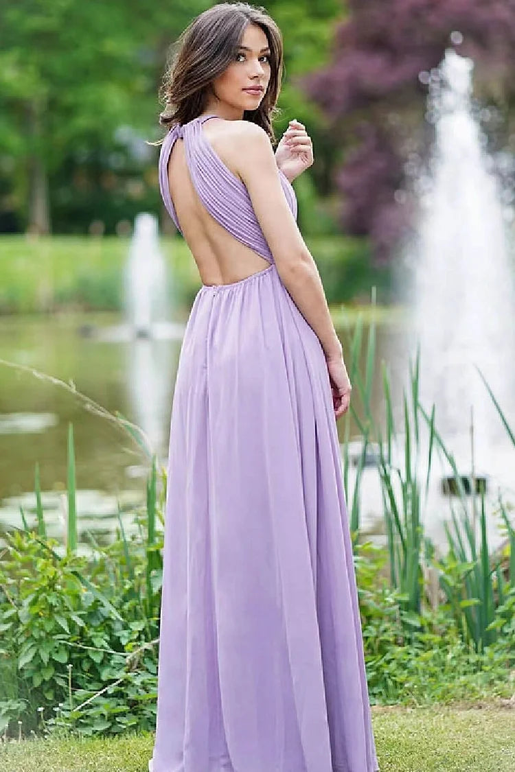 Elegant Lilac Chiffon Halter Sleeveless Long Pleated A-Line Prom Dress
