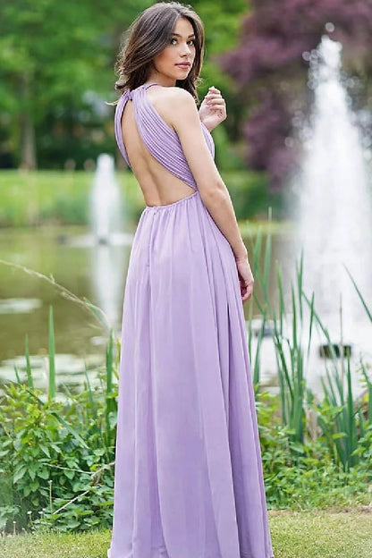 Elegant Lilac Chiffon Halter Sleeveless Long Pleated A-Line Prom Dress
