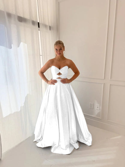 Satin V-Neck Strapless Sleeveless Long A-Line Prom Dress With Pleated And Rhinstone