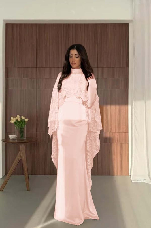 Satin And Lace High Neck Long Sleeves High-Waisted Long Mermaid Prom Dress With Cape