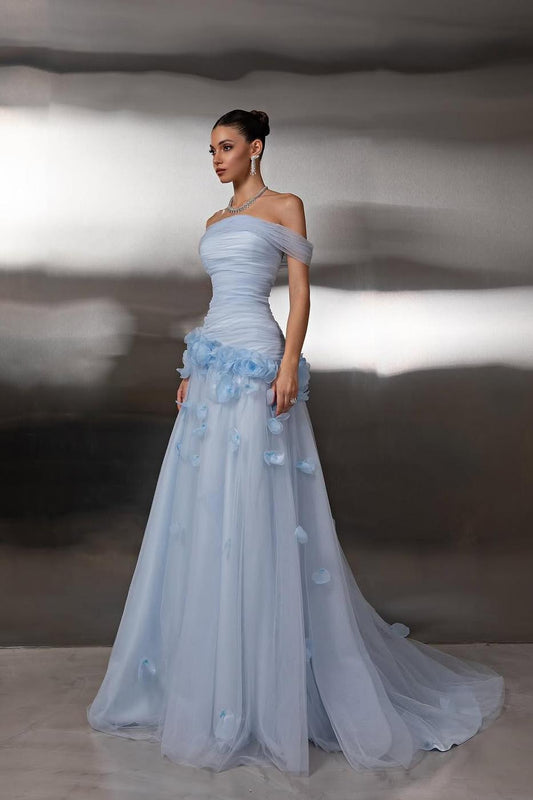 Off the Shoulder Sleeveless Long Prom Dress With Tulle Appliques