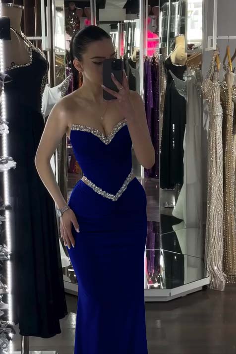 Spandex V-Neck Strapless Sleeveless Long Mermaid Prom Dress With Pleated And Rhinstone
