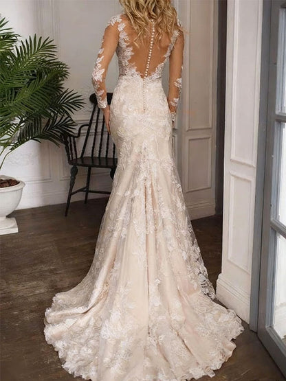 Illusion Long Sleeves Court Train Lace Wedding Dresses
