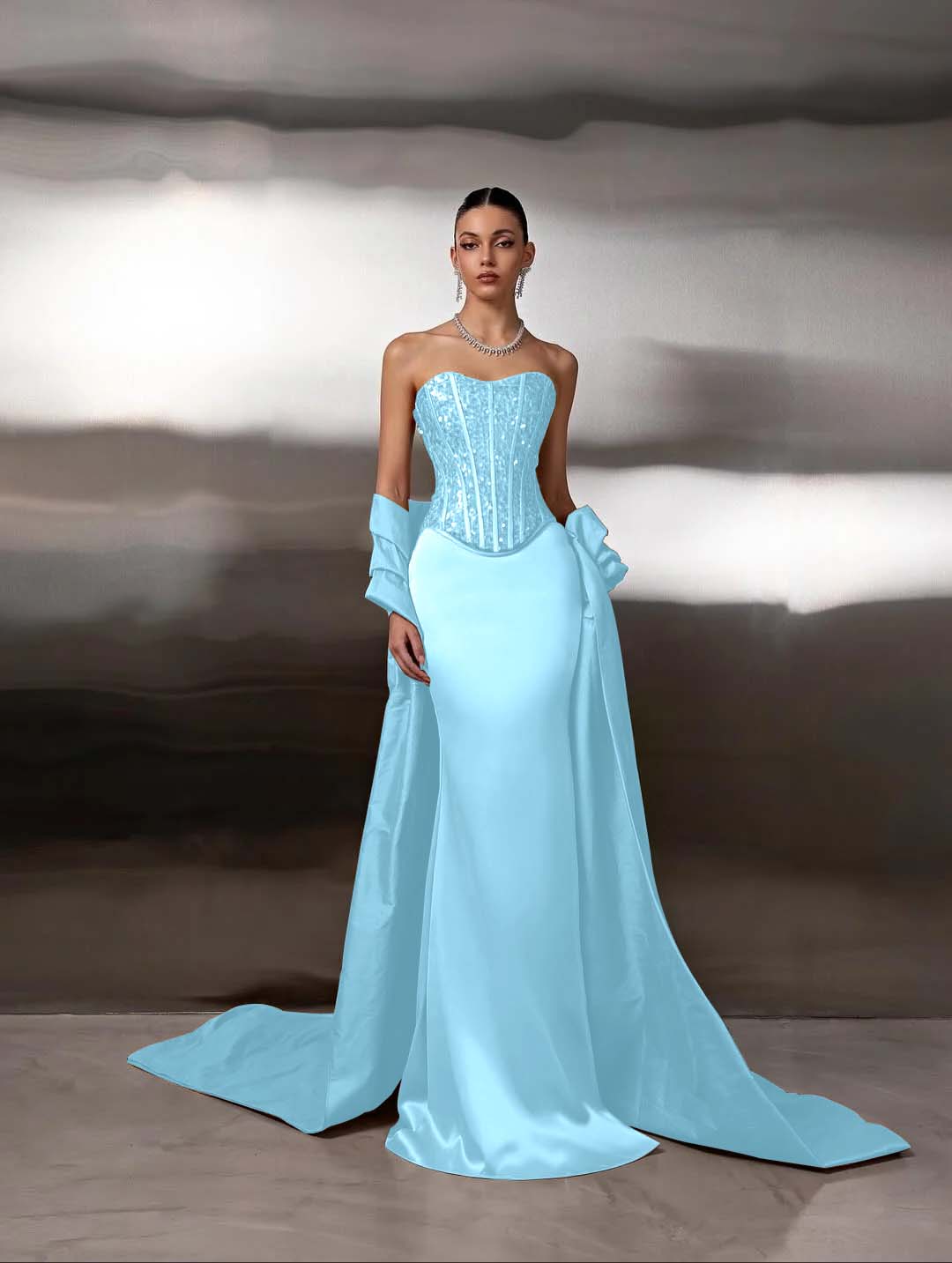 Satin Strapless Sleeveless Long Mermaid Prom Dress With Ruffles And Sequins