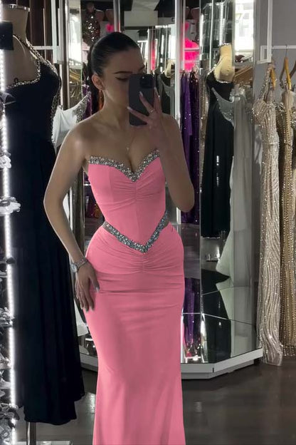 Spandex V-Neck Strapless Sleeveless Long Mermaid Prom Dress With Pleated And Rhinstone