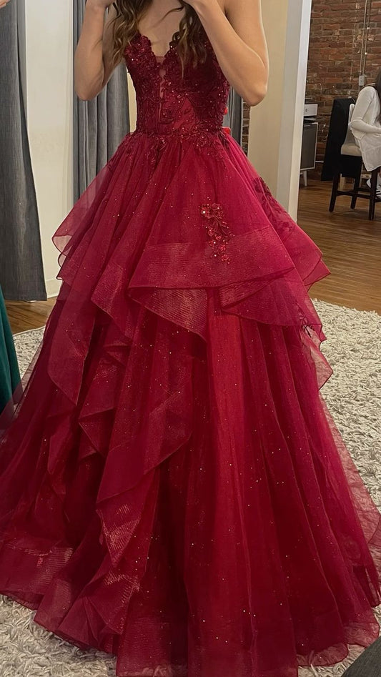 Chic Ball Gown Spaghetti Straps Burgundy Tulle Lace Long Prom Dress Evening Formal Gowns AB463