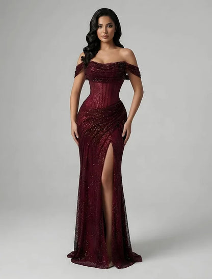 Off-The-Shoulder Strapless Sleeveless High-Waisted Long Mermaid Prom Dress With Pleated And High Split