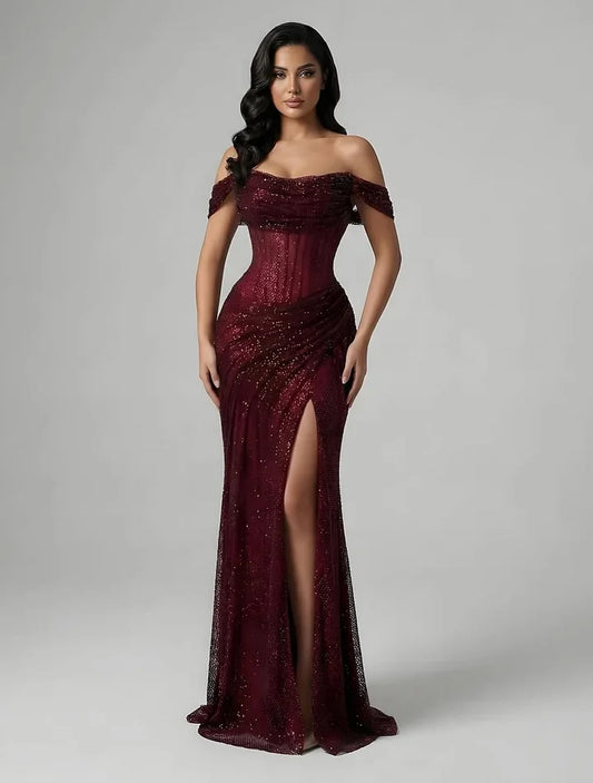 Off-The-Shoulder Strapless Sleeveless High-Waisted Long Mermaid Prom Dress With Pleated And High Split