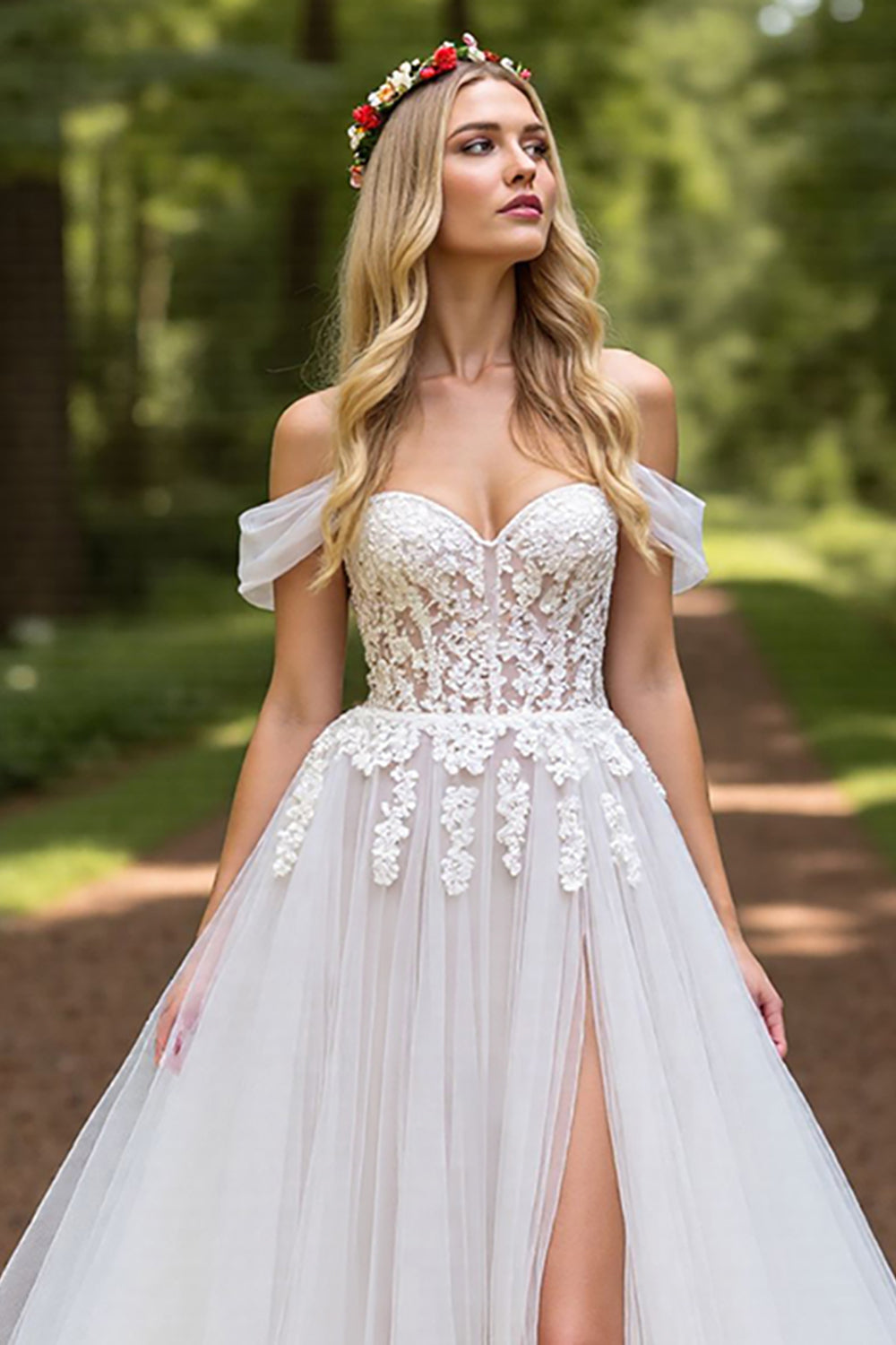 Sweetheart Off-the-Shoulder Tulle Wedding Dress A-Line Slit With Lace Appliques