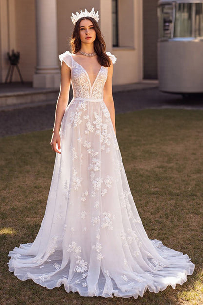 Cap Sleeves V-Neck A-Line Wedding Dresses Open Back With Lace Appliques