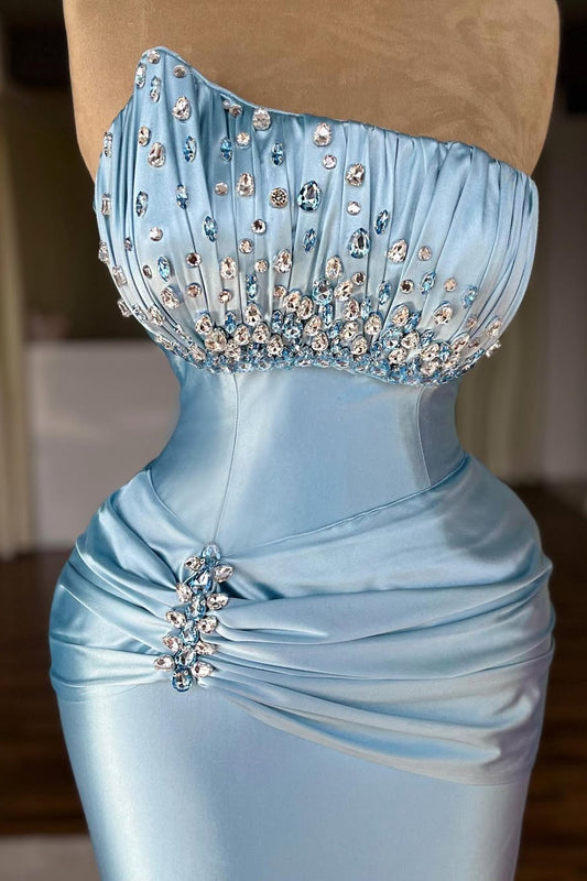 Light Blue Strapless Mermaid Prom Dress Long With Beads