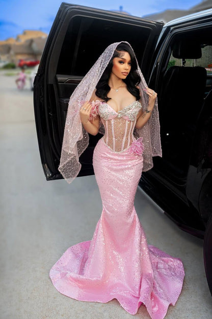 Pink Sweetheart Off-the-Shoulder Mermaid Sequins Prom Dress With Beads