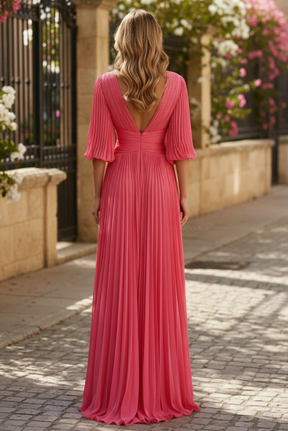 A-Line V-Neck 1/2 Sleeves Chiffon Mother Of The Bride Dresses With Pleated