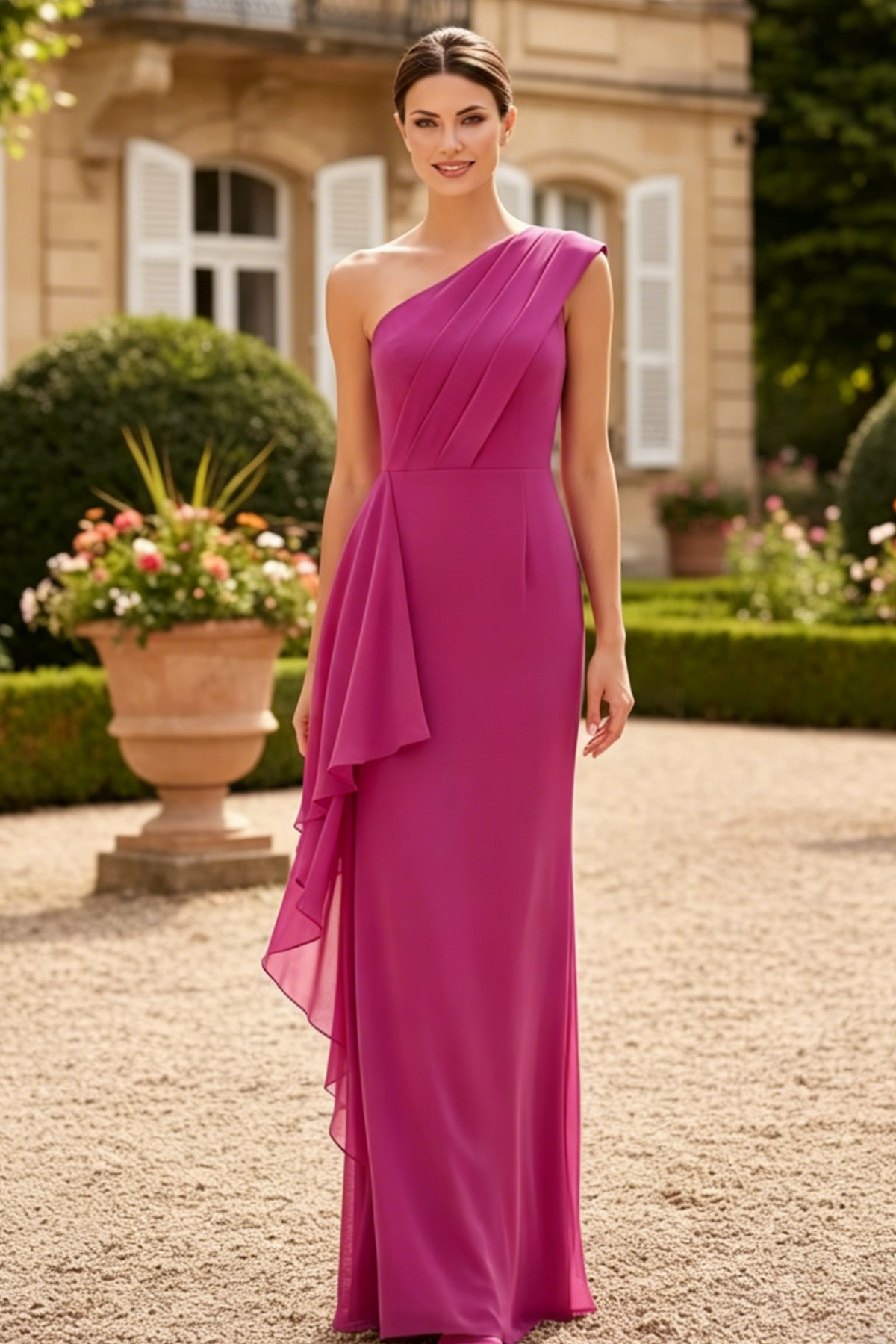One-Shoulder Floor-Length Chiffon Mother Of The Bride Dresses With Ruffle Back Slit