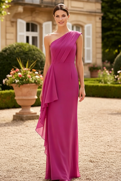 One-Shoulder Floor-Length Chiffon Mother Of The Bride Dresses With Ruffle Back Slit