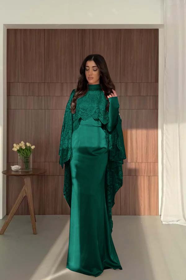 Satin And Lace High Neck Long Sleeves High-Waisted Long Mermaid Prom Dress With Cape