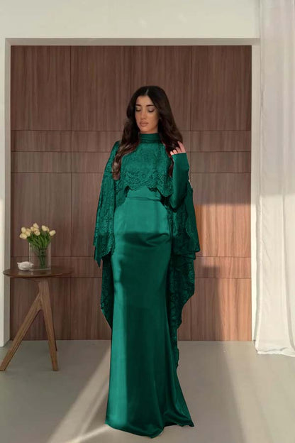 Satin And Lace High Neck Long Sleeves High-Waisted Long Mermaid Prom Dress With Cape