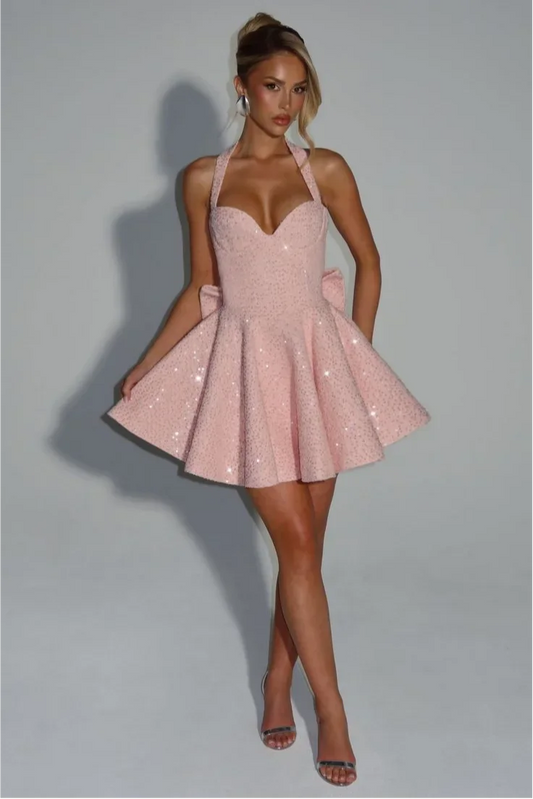Halter V-Neck Strapless Sleeveless High-Waisted Short A-Line Ball Gown Prom Dress With Bow