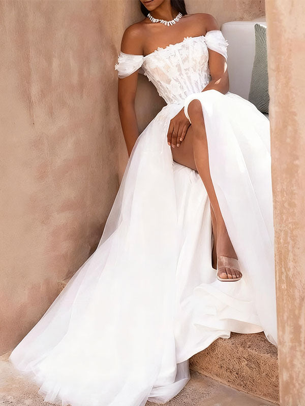 Ball Gown Off-the-Shoulder Strapless Chapel Train Tulle Wedding Dresses