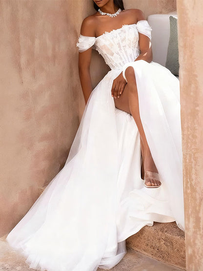 Ball Gown Off-the-Shoulder Strapless Chapel Train Tulle Wedding Dresses