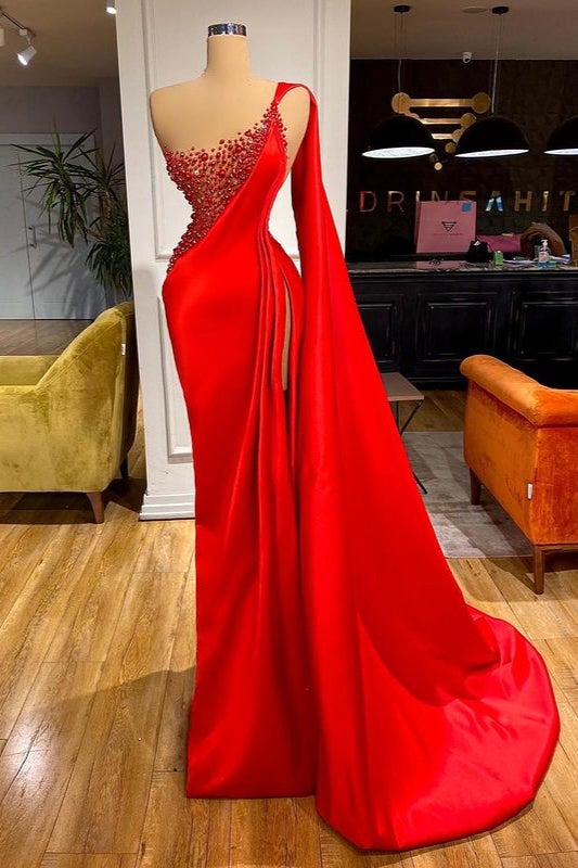 Mermaid Red One Shoulder Sleeveless Ruffles Prom Dress Split With Beadings