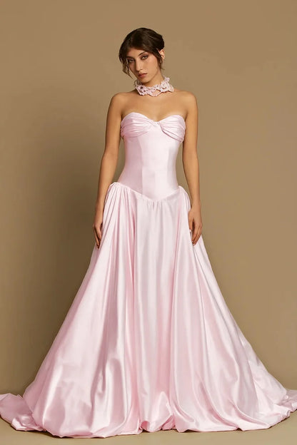 Satin Sweetheart Strapless Sleeveless High Waist Long A-Line Prom Dress With Pleated