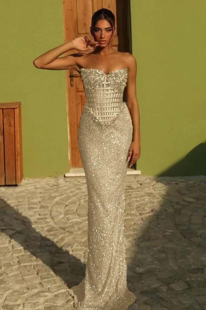 Sleeveless Strapless Long Mermaid Prom Dress With Sequin Pleated