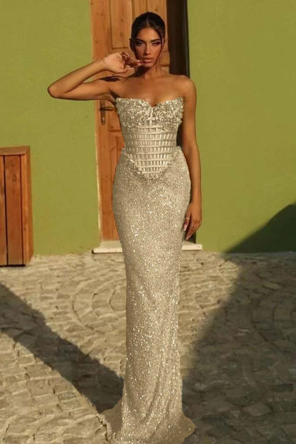 Sleeveless Strapless Long Mermaid Prom Dress With Sequin Pleated