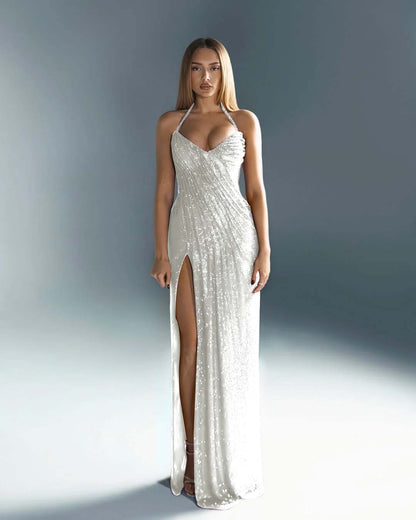 Halter V-Neck Strapless Sleeveless Long Mermaid Prom Dress With Split And Pleated