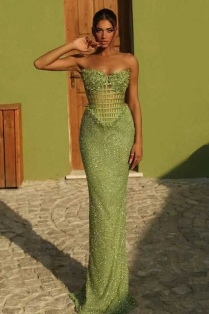 Sleeveless Strapless Long Mermaid Prom Dress With Sequin Pleated