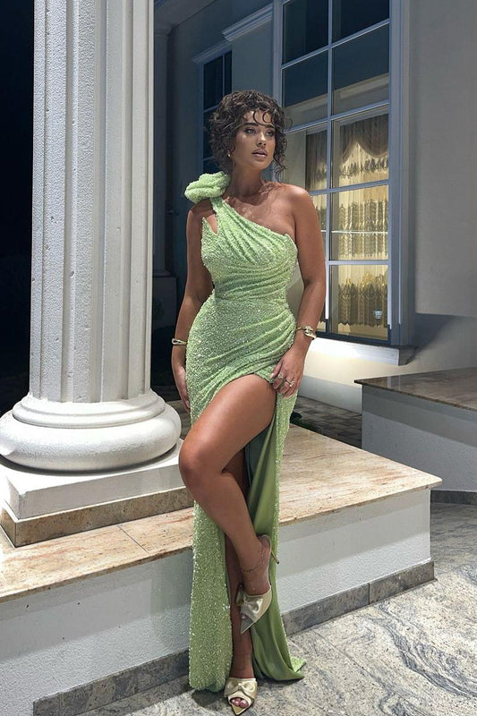 Glamorous Sequins One Shoulder Sleeveless Pleated Long Prom Dress with Split