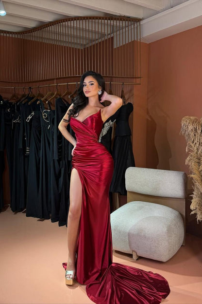 V-Neck Strapless Sleeveless Long Mermaid Prom Dress With High Split And Pleated