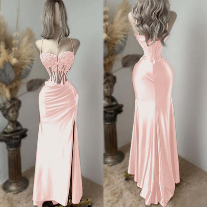 Sweetheart Spaghetti Straps Sleeveless Long Pleated Mermaid Prom Dress With Split And Rhinstone