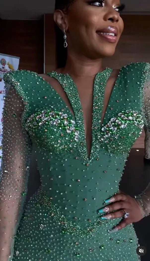 Shinning Applique Long Sleeves Green Mermaid Floor Length Prom Dress