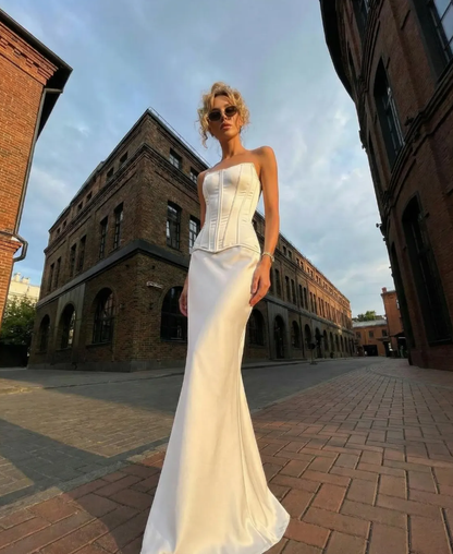 Elegant White Satin Strapless Corset Mermaid Train Formal Evening Dress