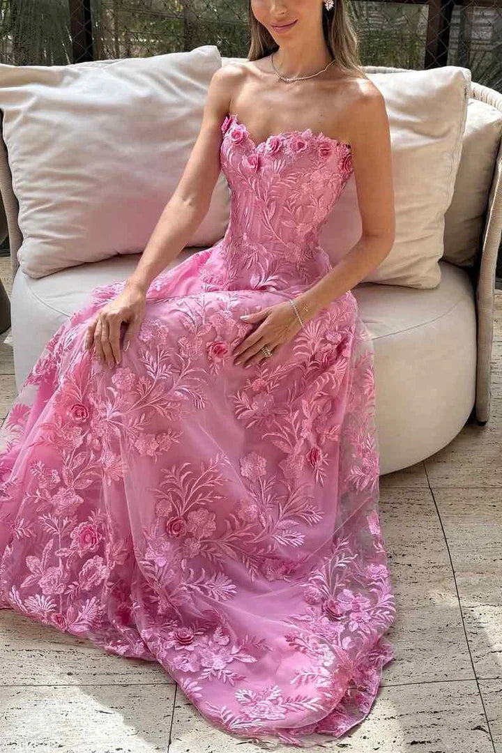 Romantic Pink Strapless 3D Floral Tulle Ballgown Formal Prom Dress
