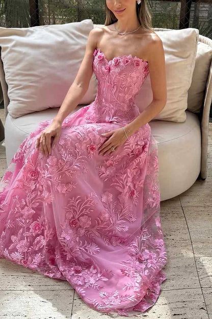 Romantic Pink Strapless 3D Floral Tulle Ballgown Formal Prom Dress