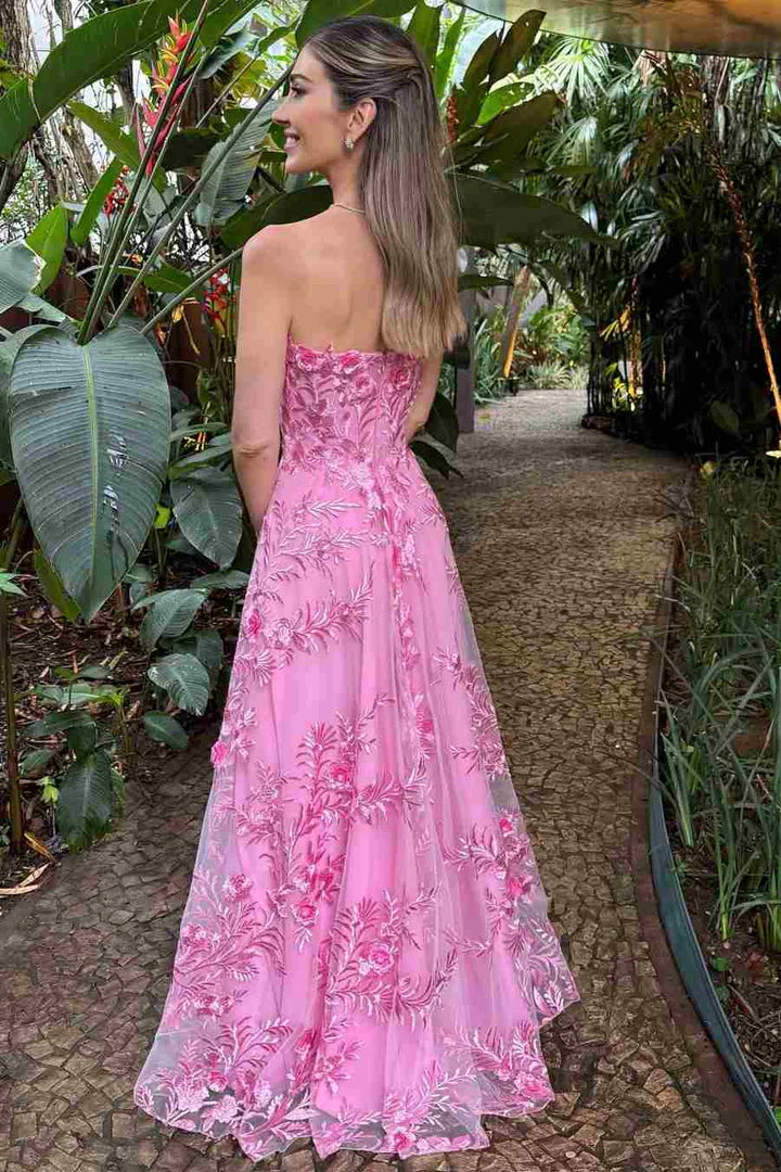 Romantic Pink Strapless 3D Floral Tulle Ballgown Formal Prom Dress