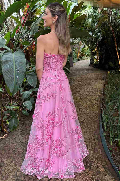 Romantic Pink Strapless 3D Floral Tulle Ballgown Formal Prom Dress