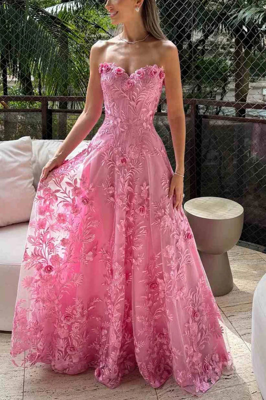 Romantic Pink Strapless 3D Floral Tulle Ballgown Formal Prom Dress